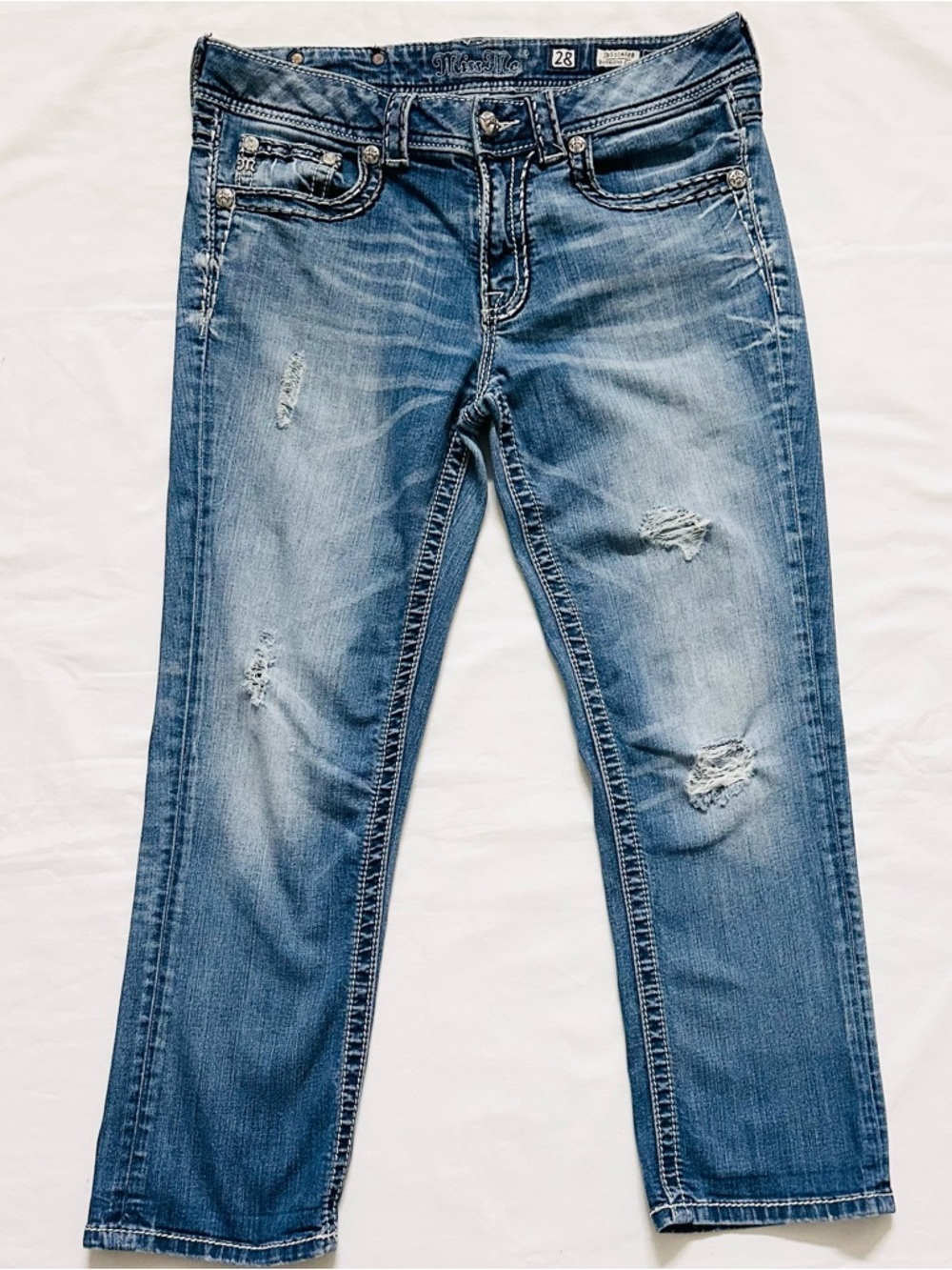 Miss Me Boyfriend Capri Jeans Womens 28 Medium Wash Flap Pocket Rhinestone